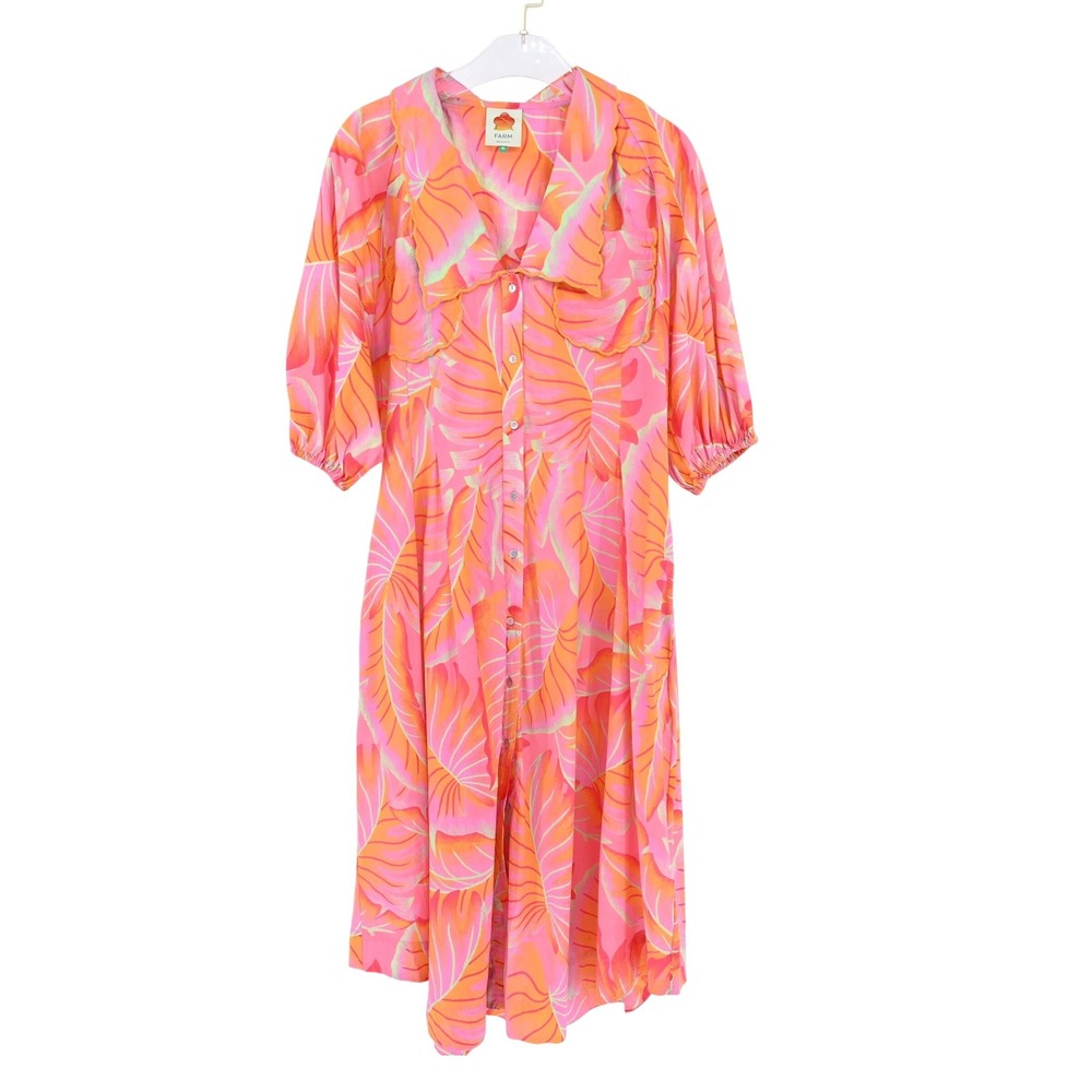 100% Cotton Farm Rio Tropical Leaf Scalloped Midi Dress M Pink Orange Resort